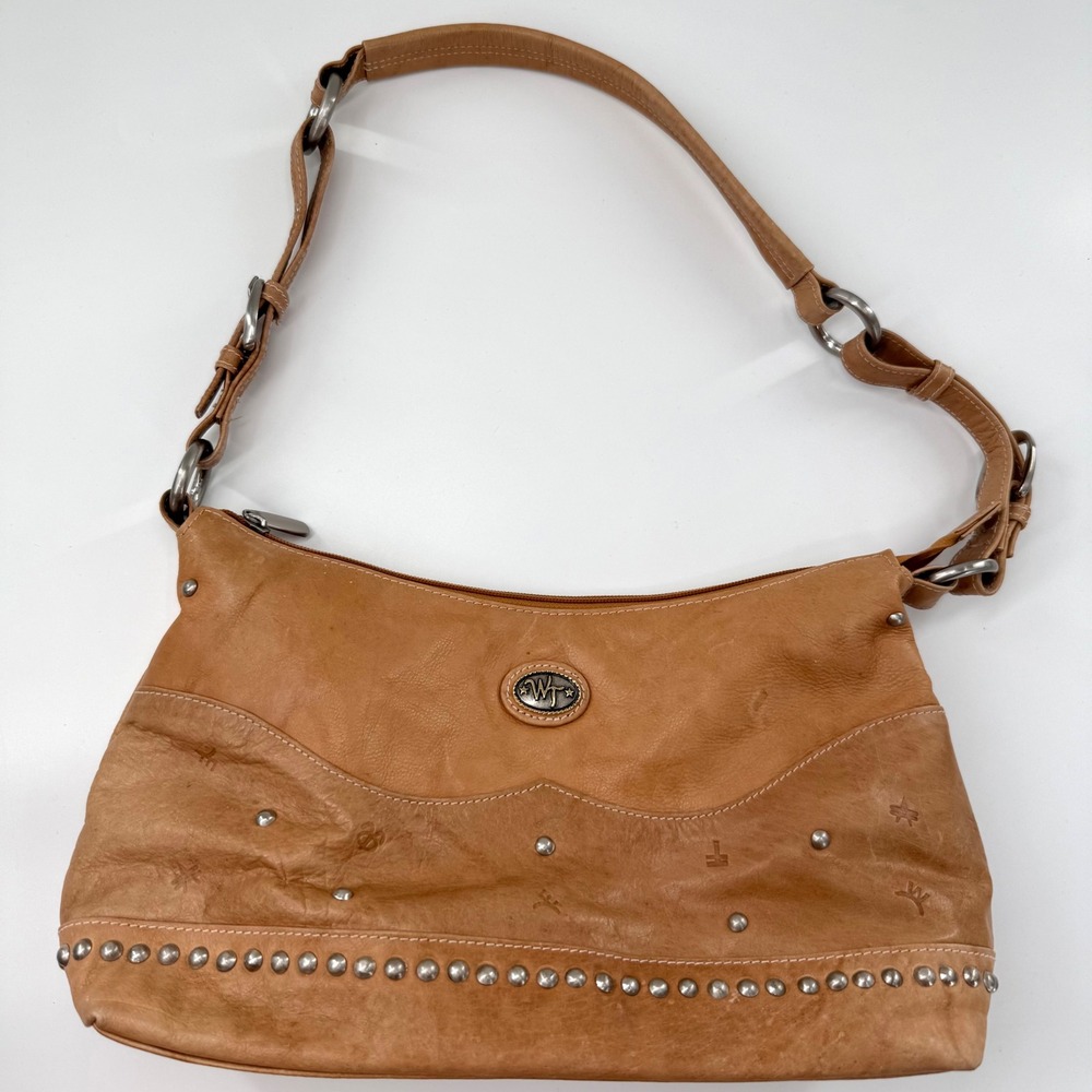 Western Trenditions Leather Purse Shoulder Bag Medium Tan Good Studded Hobo
